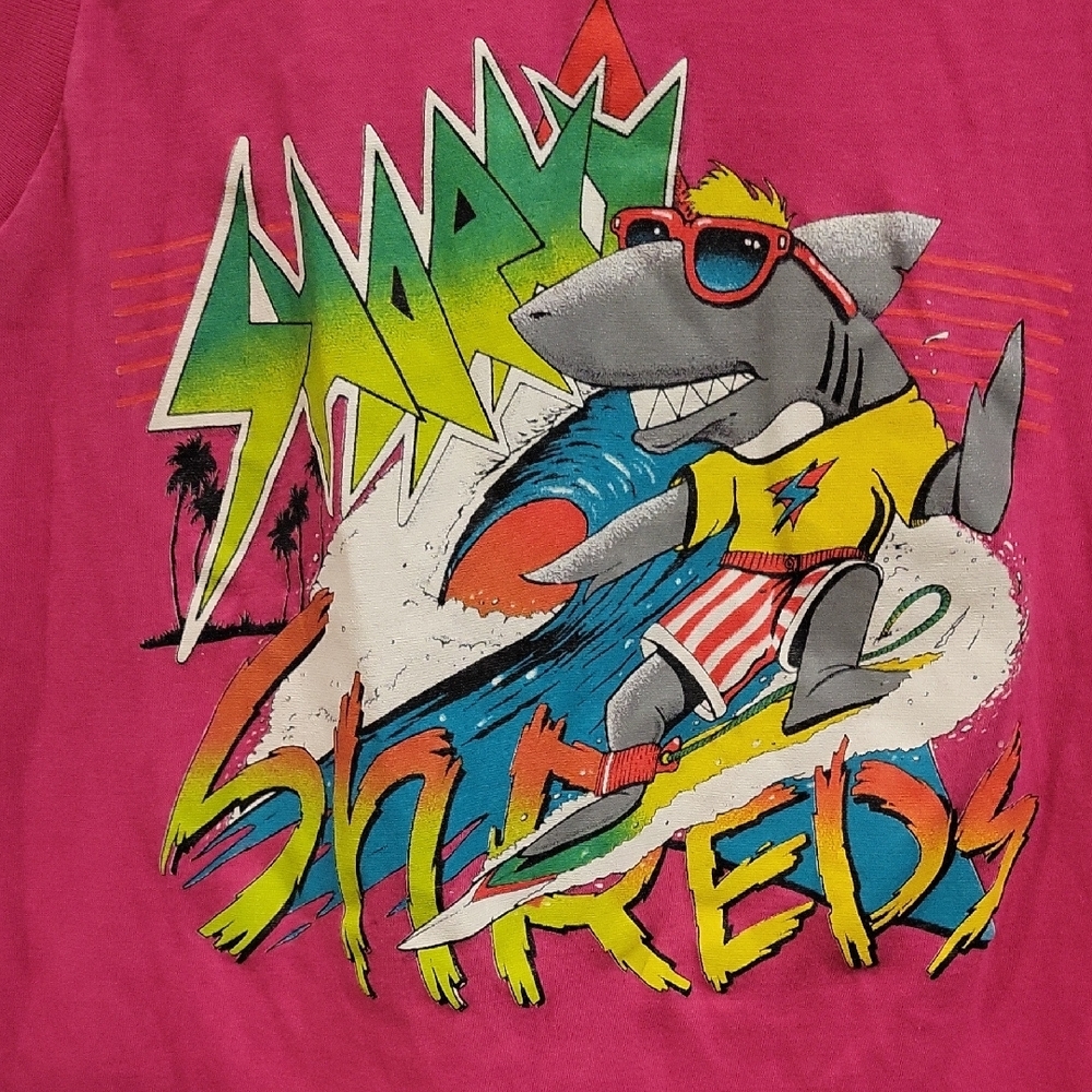 VINTAGE 90's Made In The USA Hot Pink Graphic Muscle Tee - Shark Surf Design - Picture 4 of 9